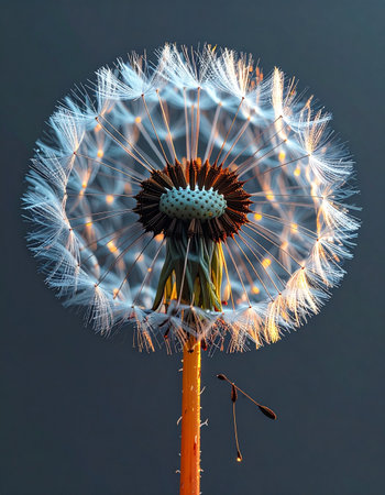 A single dandelion seed head glows with an ethereal light against a soft, dark background.の素材