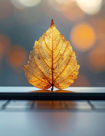 A single, delicate autumn leaf stands as a testament to the changing seasons. Backlit by the warm, soft glow of distant lights, its intricate veins create a beautiful, translucent pattern.の素材