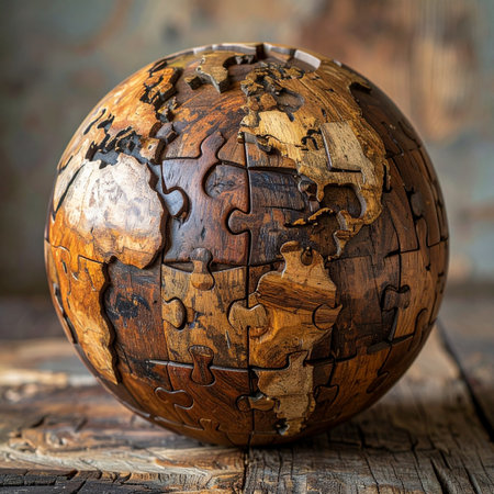 A rustic wooden globe, crafted from interlocking puzzle pieces, rests on a weathered surface.の素材