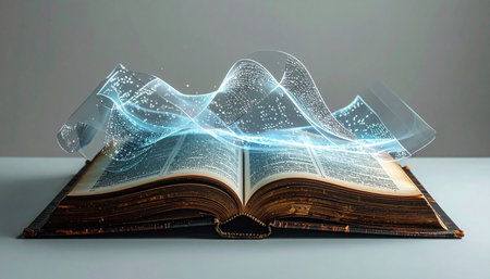 An ancient tome lies open, its weathered pages releasing a luminous wave of pure knowledge and magical energy.の素材