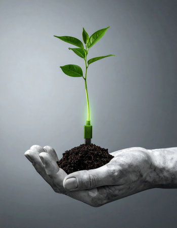 A monochrome hand gently cradles a vibrant green seedling emerging from rich soil.の素材