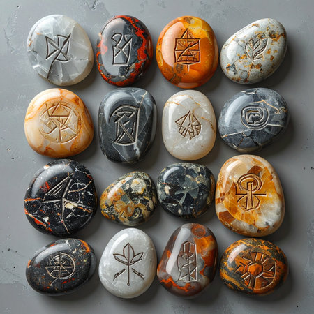 A collection of hand-carved rune stones, each with a unique symbol, lies ready for a session of divination.の素材