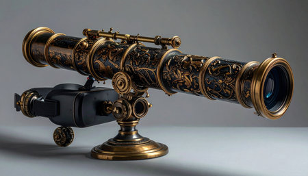 An intricately designed steampunk telescope, a marvel of brass gears and detailed craftsmanship, stands ready for a journey through time and space.の素材