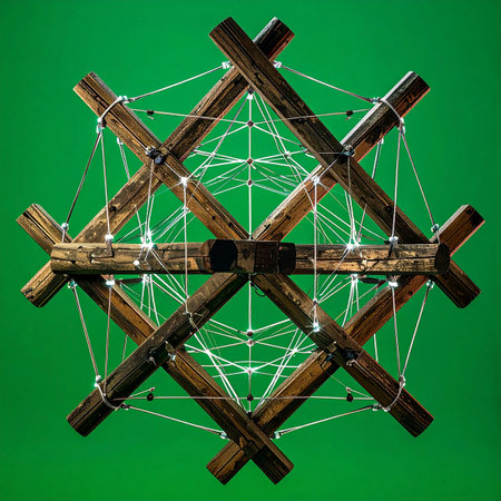 A complex wooden sculpture demonstrates the principles of tensegrity, where isolated components are held in a stable network of continuous tension.の素材