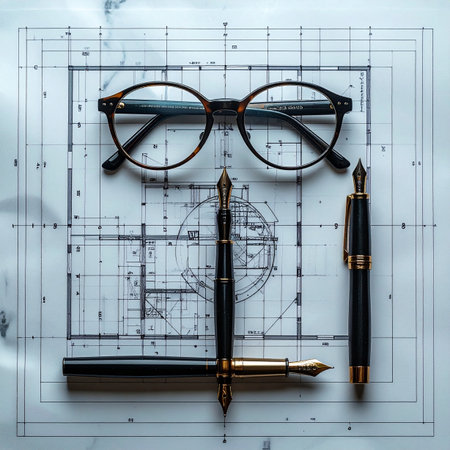 A top-down view captures the essential tools of a master architect or engineer.の素材