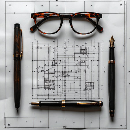 A top-down view of an architect's desk where precision meets creativity.の素材