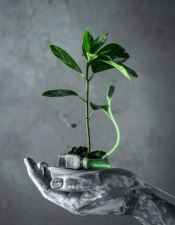 A metallic robotic hand gently cradles a fragile green sapling, symbolizing the harmonious intersection of technology and nature.の素材