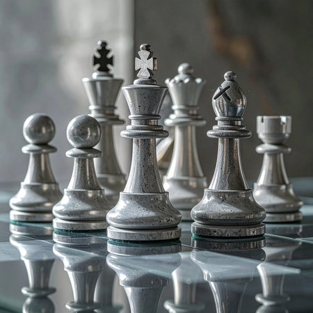 The white pieces stand united and ready, their polished surfaces reflecting the quiet intensity of the room.の素材