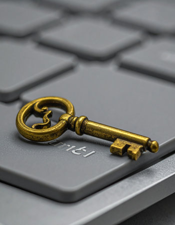 An antique brass key rests on a modern laptop keyboard, symbolizing the bridge between old-world secrets and new-age digital security.の素材