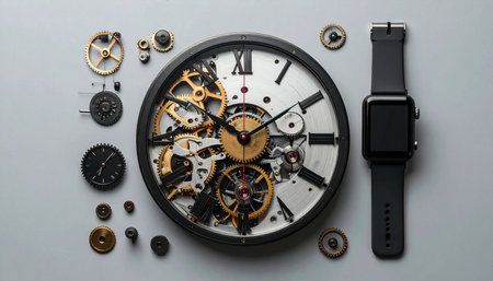 A top-down view captures the fascinating contrast between eras of timekeeping.の素材