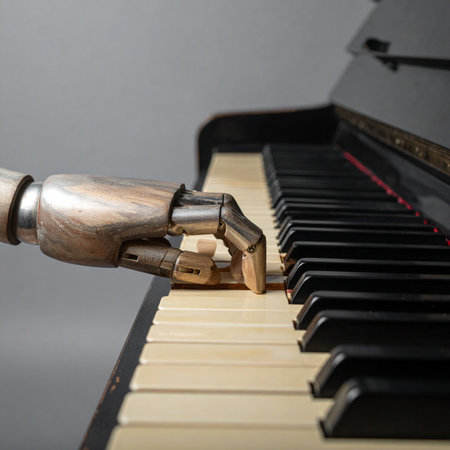 A beautifully crafted wooden prosthetic hand gently presses a key on an old piano, symbolizing the intersection of timeless art and modern technology.の素材