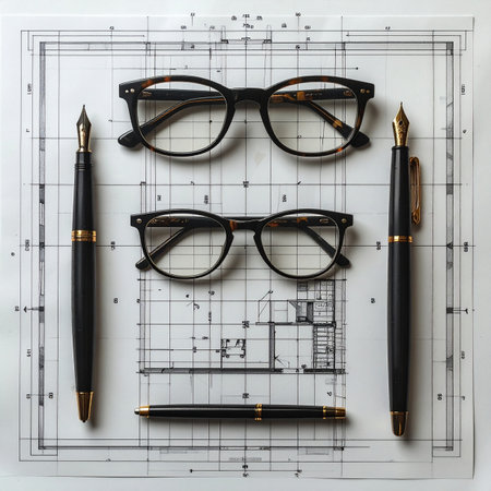 A meticulous flat lay capturing the essence of architectural vision.の素材