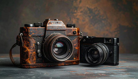A pair of vintage cameras, one weathered with time and the other sleek and classic, sit side-by-side.の素材