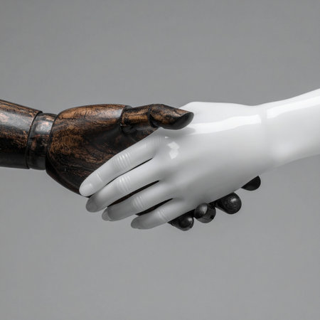 In a minimalist setting, two distinct mannequin hands, one of dark wood and one of smooth white plastic, join in a firm handshake.の素材