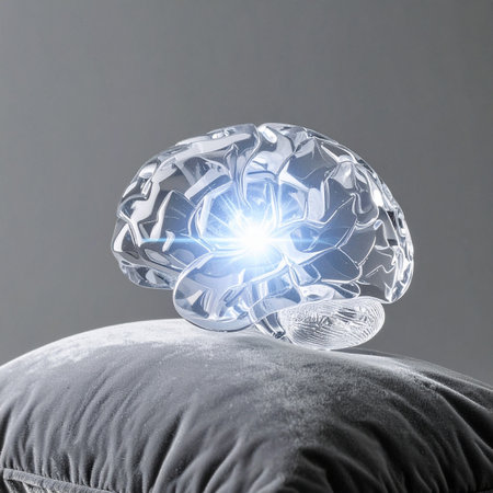 A transparent brain, glowing with neural activity, rests peacefully on a soft pillow.の素材