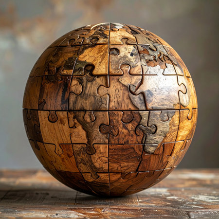 A beautifully crafted wooden globe, assembled from interlocking jigsaw pieces, rests on a rustic surface.の素材
