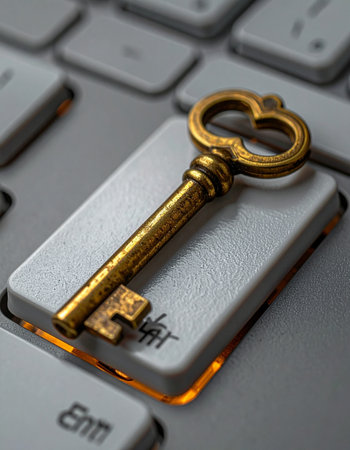 A vintage golden key rests on a modern, illuminated keyboard, symbolizing the bridge between old and new methods of security.の素材