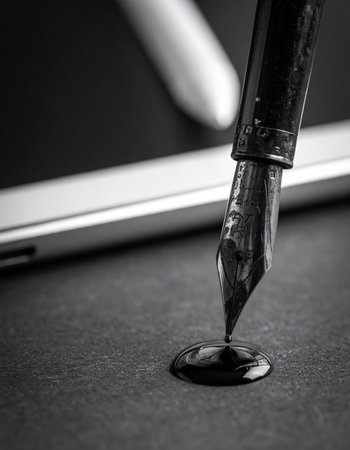 A classic fountain pen rests before a modern digital tablet, its nib leaving a single, perfect drop of black ink.の素材