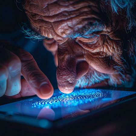 In the dim light, a weathered hand representing a lifetime of experience reaches out to embrace the future.の素材