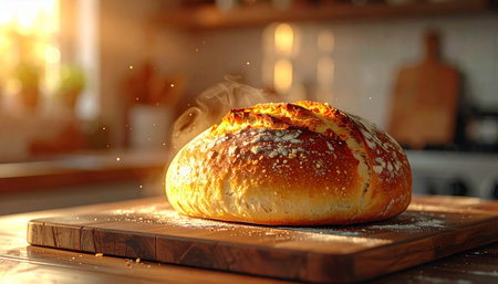 A perfect loaf of crusty, artisan sourdough bread steams gently on a rustic wooden board, fresh from the oven.の素材