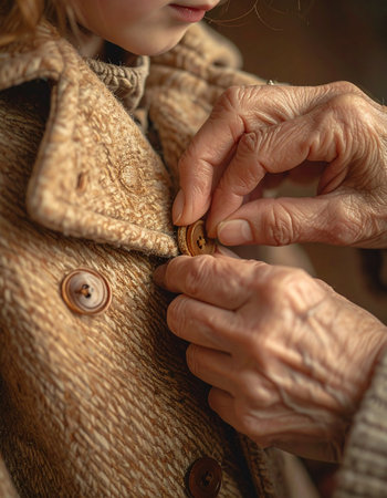 In a tender moment, the wrinkled, loving hands of a grandmother gently button her grandchild's warm coat.の素材