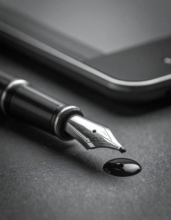 A classic fountain pen rests beside a modern smartphone, a single drop of ink poised between them.の素材