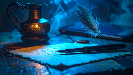 In the quiet of a candlelit study, a mysterious letter is penned on aged parchment.の素材