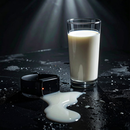 In a dimly lit, dramatic setting, a mysterious electronic device with a glowing red light sits next to a glass of milk, a fresh spill pooling on the dark, reflective surface.の素材