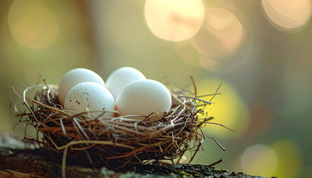 A delicate bird's nest cradles a clutch of fresh eggs, bathed in the warm, golden glow of early morning light.の素材