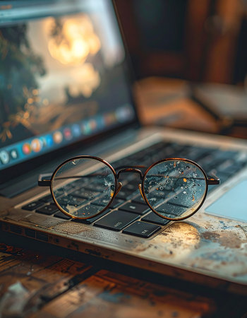 A pair of round eyeglasses rests on a laptop keyboard after a long session of work or study.の素材