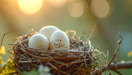 Bathed in the warm, golden glow of a spring sunrise, a carefully woven nest cradles three precious eggs.の素材