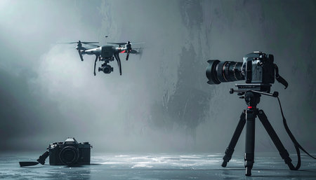 In a moody, atmospheric studio, a professional camera on a tripod captures the steady hover of a modern quadcopter drone.の素材