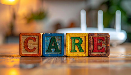 The word CARE spelled out on vintage wooden toy blocks sits in front of a modern internet router, symbolizing the integration of technology with compassionate services like online support, telehealth.の素材