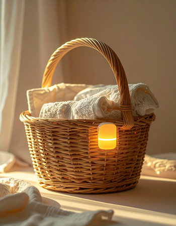 A wicker basket filled with fresh, clean towels sits in the soft morning sunlight, exuding a sense of warmth and tranquility.の素材