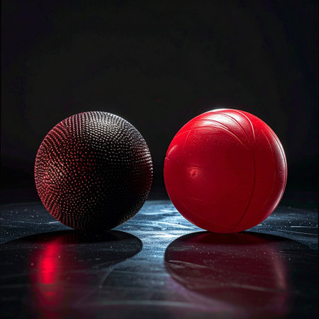 In a stark, dark space, two contrasting spheres rest on a reflective surface.の素材