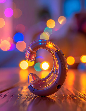 A state-of-the-art hearing aid rests on a wooden surface, bathed in the warm, colorful glow of city lights at night.の素材