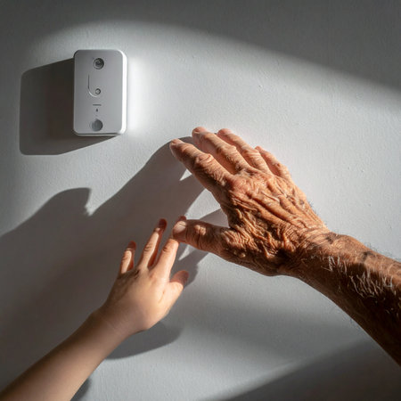 In a quiet room illuminated by a single ray of light, the wrinkled hand of a grandparent reaches out, a map of a life lived.の素材