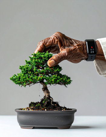 With a touch full of wisdom and years of experience, a senior gently tends to a miniature bonsai tree.の素材