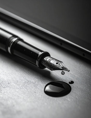A dramatic black and white macro shot captures the precise moment a drop of black ink falls from the nib of a classic fountain pen.の素材