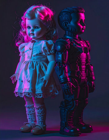 In a world saturated with neon light, two unlikely figures stand back to back.の素材