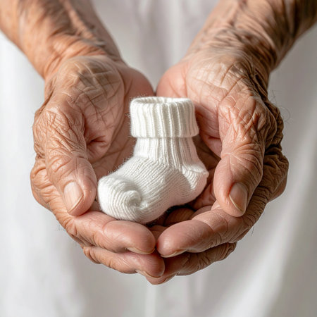 The wrinkled, loving hands of a grandparent gently cup a tiny white baby sock, a tender symbol of the unbreakable bond between generations.の素材