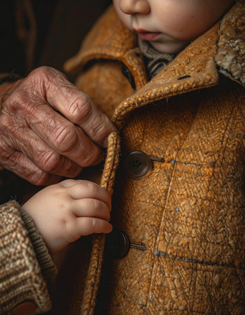 In a quiet, warm moment, the wrinkled, wise hands of a grandparent gently button the thick wool coat of a small child.の素材