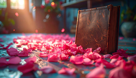 In a quiet corner bathed in golden morning light, an old, mysterious book rests among a cascade of soft pink rose petals.の素材