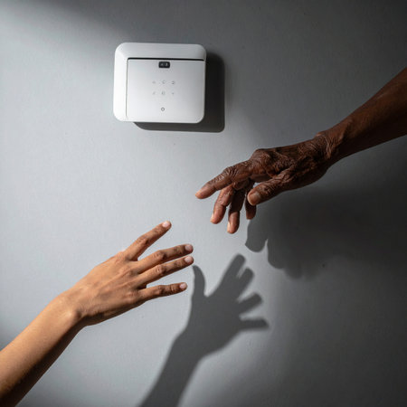 In a modern take on a classic masterpiece, two diverse hands reach out towards a central smart home device, symbolizing the powerful connection between humanity and technology.の素材