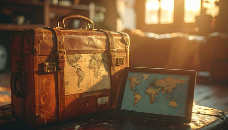 In a room bathed in the warm glow of sunset, a vintage suitcase covered with a world map sits ready for a new adventure.の素材