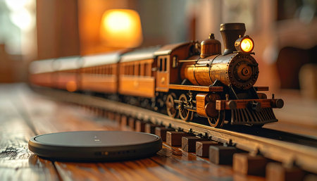 A beautifully detailed miniature steam train rests on its tracks, bathed in the warm, golden glow of a cozy room.の素材