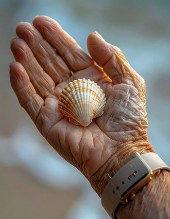 A close-up of a senior's wrinkled hand gently cradling a small seashell.の素材