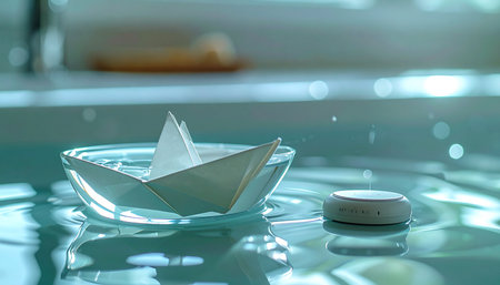 A delicate origami boat floats safely within the confines of a clear glass bowl, a tiny vessel on a tranquil journey.の素材