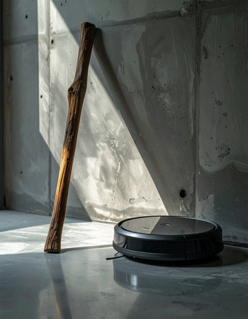 In a quiet, sunlit corner of a modern, minimalist home, two eras meet. A futuristic robotic vacuum rests on the polished floor, while a timeless, rustic wooden staff leans against the concrete wall.の素材