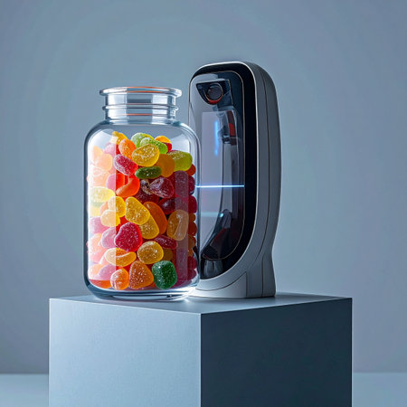 In a clean, modern setting, a high-tech device performs a detailed analysis on a jar of colorful gummy candies.の素材